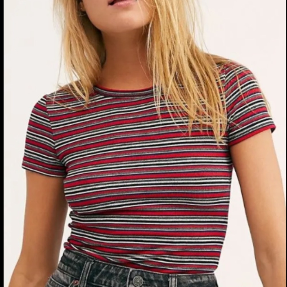 Free People Baby Rib Stripe Tee Black and Red